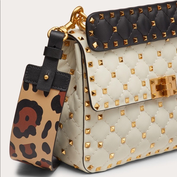 VALENTINO~Medium Rockstud Spike Nappa Bag With Leopard Print Strap In White - Picture 2 of 4